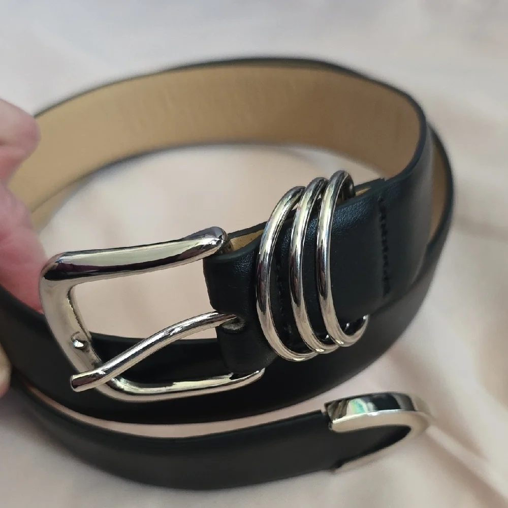Women's Black Leather Belt with Silver Buckle By Jasgood, NWT